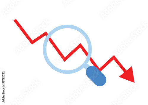  A red arrow drop-down with a magnifying glass on a white background. Burinese search concept.