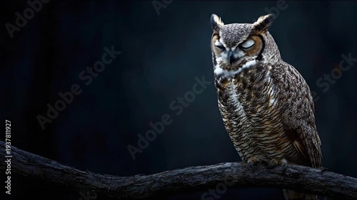 Majestic great horned owl perched on a tree branch at night turning its head