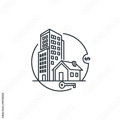 Real estate properties house buildings key money icon concept