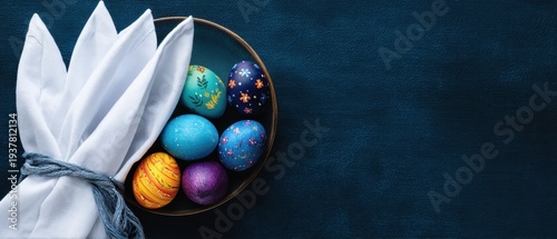 Colorful easter eggs in bowl with bunny-shaped napkin on dark blue background
