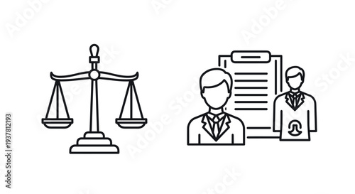 Scales of justice and legal professionals with document icons