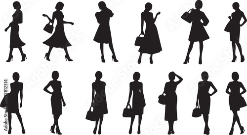 Set of Black Women Silhouettes Posing with Handbags. Fashion Vector Illustration. isolated PNG with Transparent Background