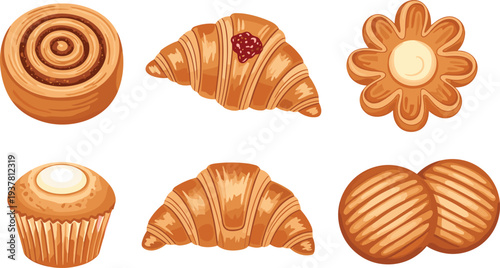 Assorted baked goods illustration featuring croissants, cookies, cupcake, and cinnamon roll for bakery menu, food styling, and design
