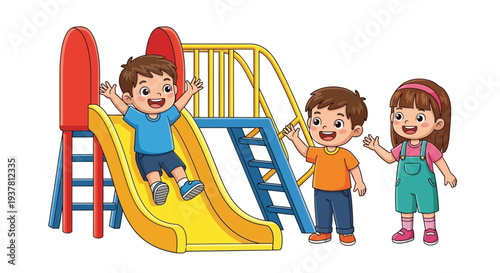 Happy cartoon children playing together on a bright yellow and red playground slide structure