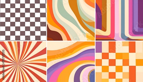 Six retro patterns in shades of brown, orange, cream and purple with geometric and abstract designs