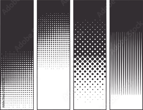 A black and white halftone gradient illustration with four panels