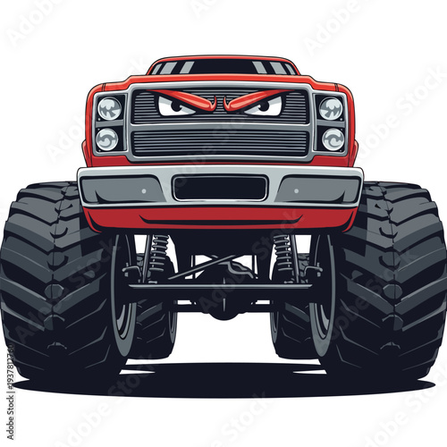 A vector illustration of a red monster truck with a menacing expression, large tires, and a bold front grille. Perfect for automotive designs, posters, and advertising materials.