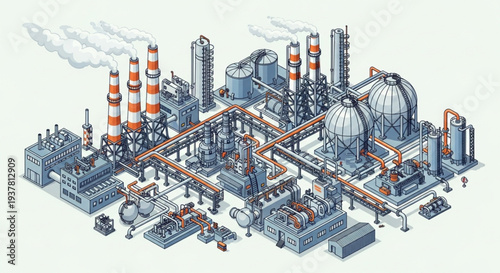 Detailed Illustration of a Large Industrial Complex with Smokestacks.