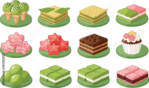 Assorted colorful desserts and sweets on green plates including cakes, jellies, mochi, and cupcakes for menu or design use.