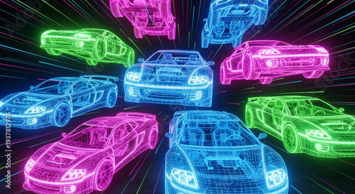 Collection of Futuristic Neon Wireframe Cars in Vibrant Colors.
