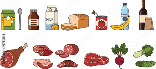 Assorted food items, processed and fresh, vegetables, meats, dairy, beverages, bread, healthy nutrition, grocery concept, kitchen ingredients, diet variety