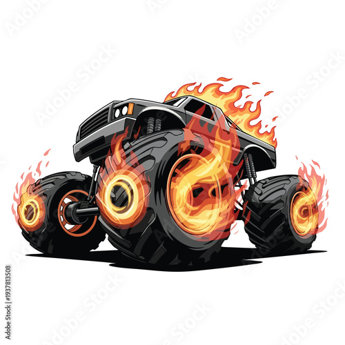 A monster truck vector illustration with flames engulfing its wheels and body, presented on a white background. Perfect for automotive designs, racing concepts, and graphic resources.