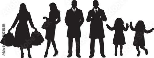 Black Vector Silhouettes of People, Women with Shopping Bags, Men, and Children isolated PNG with Transparent Background