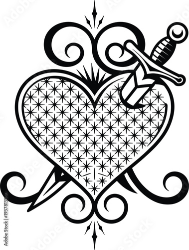 Traditional black and white tattoo style heart with dagger, elegant filigree scrolls, and vintage decorative sparkles