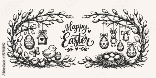 Hand-drawn black and white Easter scene with eggs, chick, bunny, and willow branches on a light background, celebrating spring holiday