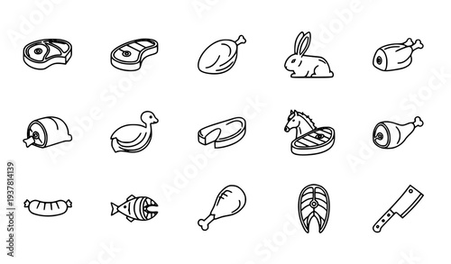 Meat products butchery outline vector icons editable stroke set