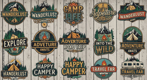 Collection of Vintage Camping and Adventure Badges and Emblems.