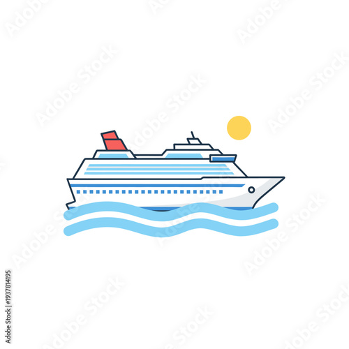 Stylized cruise ship sailing on blue waves under sun