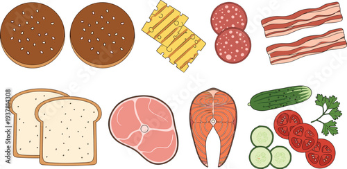 Assorted sandwich ingredients including bread, meats, cheese, vegetables, and herbs – colorful food illustration for culinary design