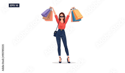 Happy Fashion Woman Holding Luxury Shopping Bags Premium Consumer Lifestyle Vector Illustration