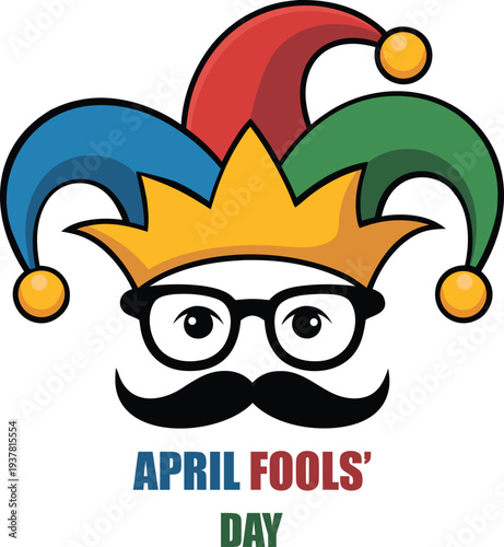 April fools' day cartoon character with glasses and jester hat