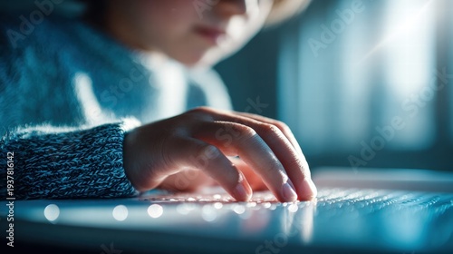 Child exploring Braille with a hand on a reflective surface
