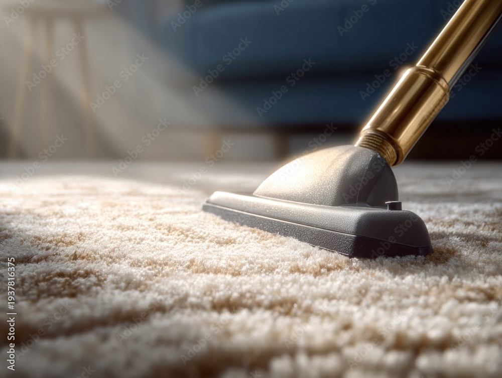 Naklejka premium Close-up of a vacuum cleaner head cleaning a plush carpet with soft light