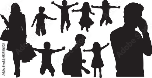 Collection of black vector silhouettes of people, adults and children for design isolated PNG with Transparent Background