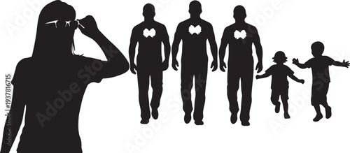 Isolated vector illustration of woman with binoculars looking at family silhouettes with highlighted thyroid glands isolated PNG with Transparent Background
