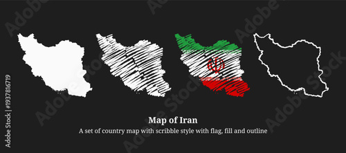 Iran map with scribble doodle style with flag, fill, or outline, vector set illustration collection