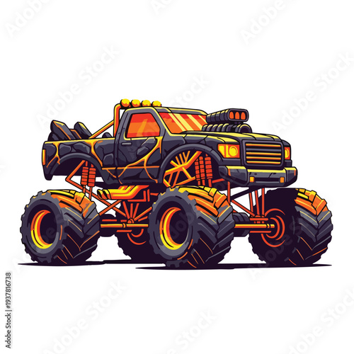 A vector illustration of a monster truck with orange and yellow accents on a white background. Great for automotive designs, posters, and stickers.