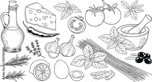 Hand drawn Italian food ingredients set, vintage sketch of pasta, olive oil, cheese, garlic, vegetables, herbs, spices for Mediterranean cooking,