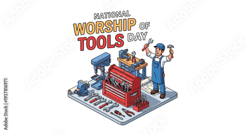Isometric illustration of a mechanic celebrating National Worship of Tools Day with various work tools and equipment.