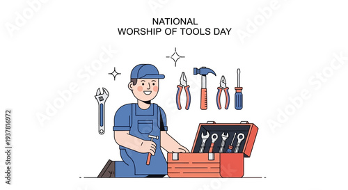 Illustration of a smiling mechanic kneeling beside an open red toolbox with various tools on a workshop background celebrating National Worship of Tools Day.