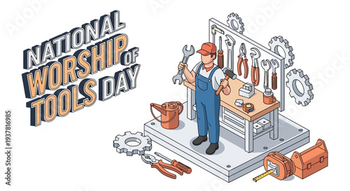 Illustration of a mechanic standing on a platform with various tools and equipment, celebrating National Worship of Tools Day with a workshop background and industrial aesthetic.