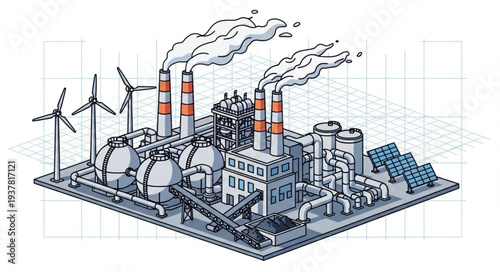 Industrial power plant with renewable energy sources illustration.