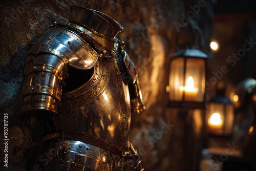 Set of bronze armor hanging on a stone wall, lit by flickering torchlight the metal catches the warm glow