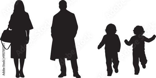 Isolated Black Vector Family Group Silhouettes: Woman, Man, and Two Children isolated PNG with Transparent Background
