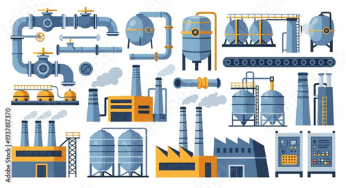 Industrial factory and pipeline equipment illustration set.