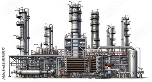 Industrial Oil Refinery Plant with Complex Structures and Towers.