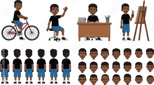 Cartoon boy character design sheet, multiple poses and expressions, animation reference artwork, storytelling illustration, cad drawing flat vector illustration