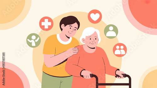 Young man assisting elderly woman with walker surrounded by healthcare and social care icons symbolizing support and companionship for seniors