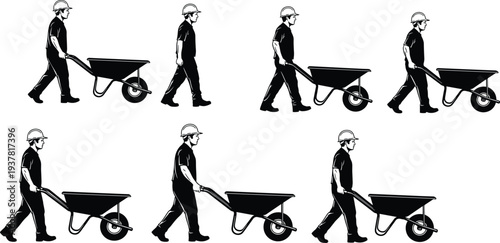 Construction worker silhouettes pushing wheelbarrows, manual labor design, industrial site equipment artwork, civil engineering tools illustration, cad drawing flat vector illustration