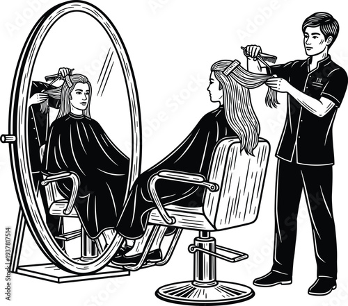Hair salon stylist cutting client hair, professional grooming service illustration, beauty care artwork, personal grooming design, cad drawing flat vector illustration