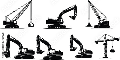Heavy construction machinery silhouettes, excavators and cranes, industrial equipment design, building site tools artwork, civil engineering machines, cad drawing flat vector illustration