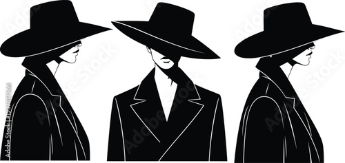 Mysterious trench coat character silhouettes, noir style artwork, secret agent design, espionage theme illustration, cad drawing flat vector illustration