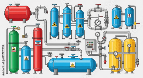 Industrial equipment with tanks and pipes illustration.