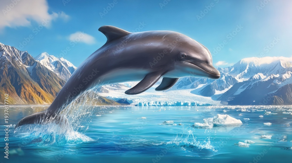 Fototapeta premium Majestic dolphin leaps from icy arctic waters with snow-capped mountains in background