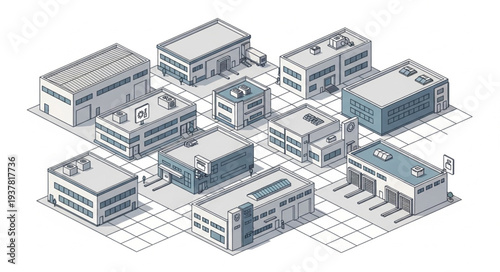 Isometric illustration of various modern office buildings arranged in a cluster.