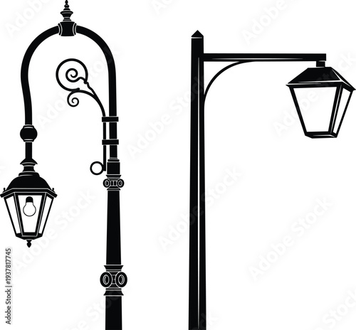 Street lamps silhouettes, ornate classical design and modern minimal style, urban lighting artwork, architectural elements illustration, cad drawing flat vector illustration